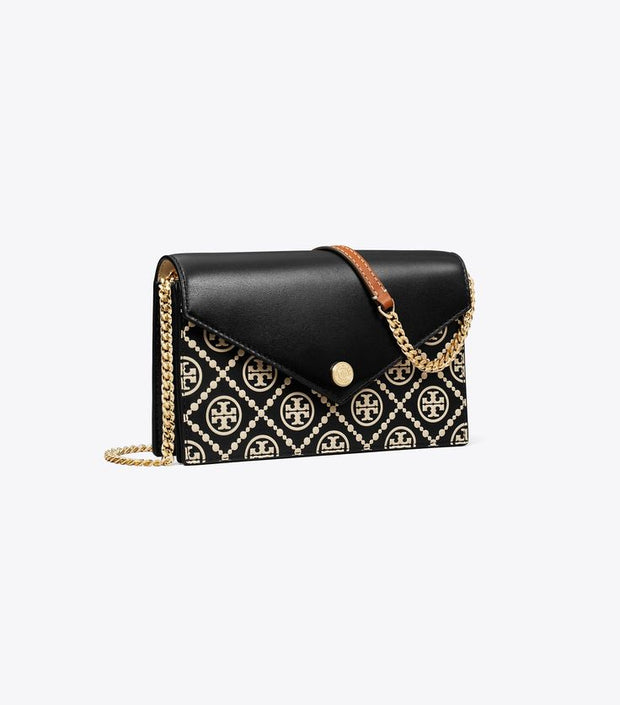 Tory Burch T Monogram Contrast Embossed Envelope Chain Wallet "Black/Cream"