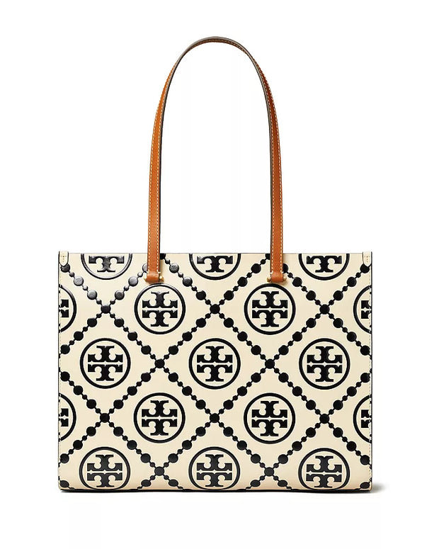 Tory Burch Women's T Monogram Contrast Embossed Leather Tote Bag "Black White"