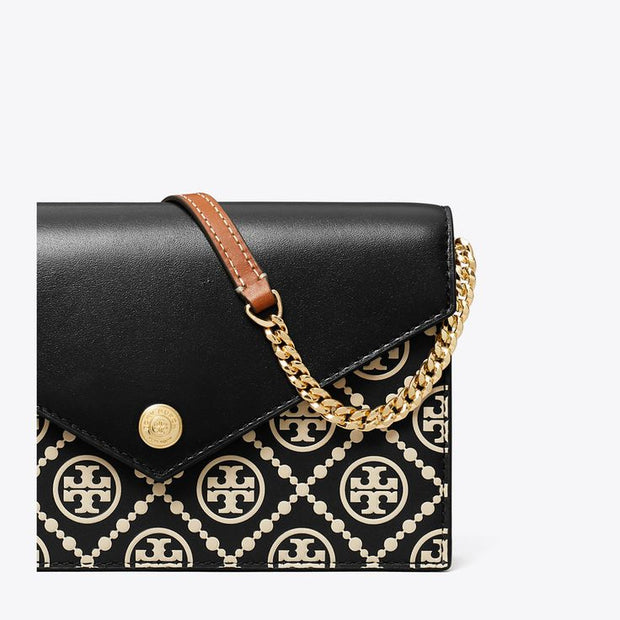 Tory Burch T Monogram Contrast Embossed Envelope Chain Wallet "Black/Cream"