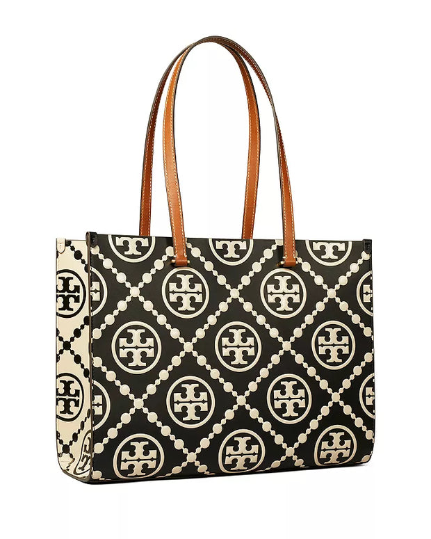 Tory Burch Women's T Monogram Contrast Embossed Leather Tote Bag "Black White"